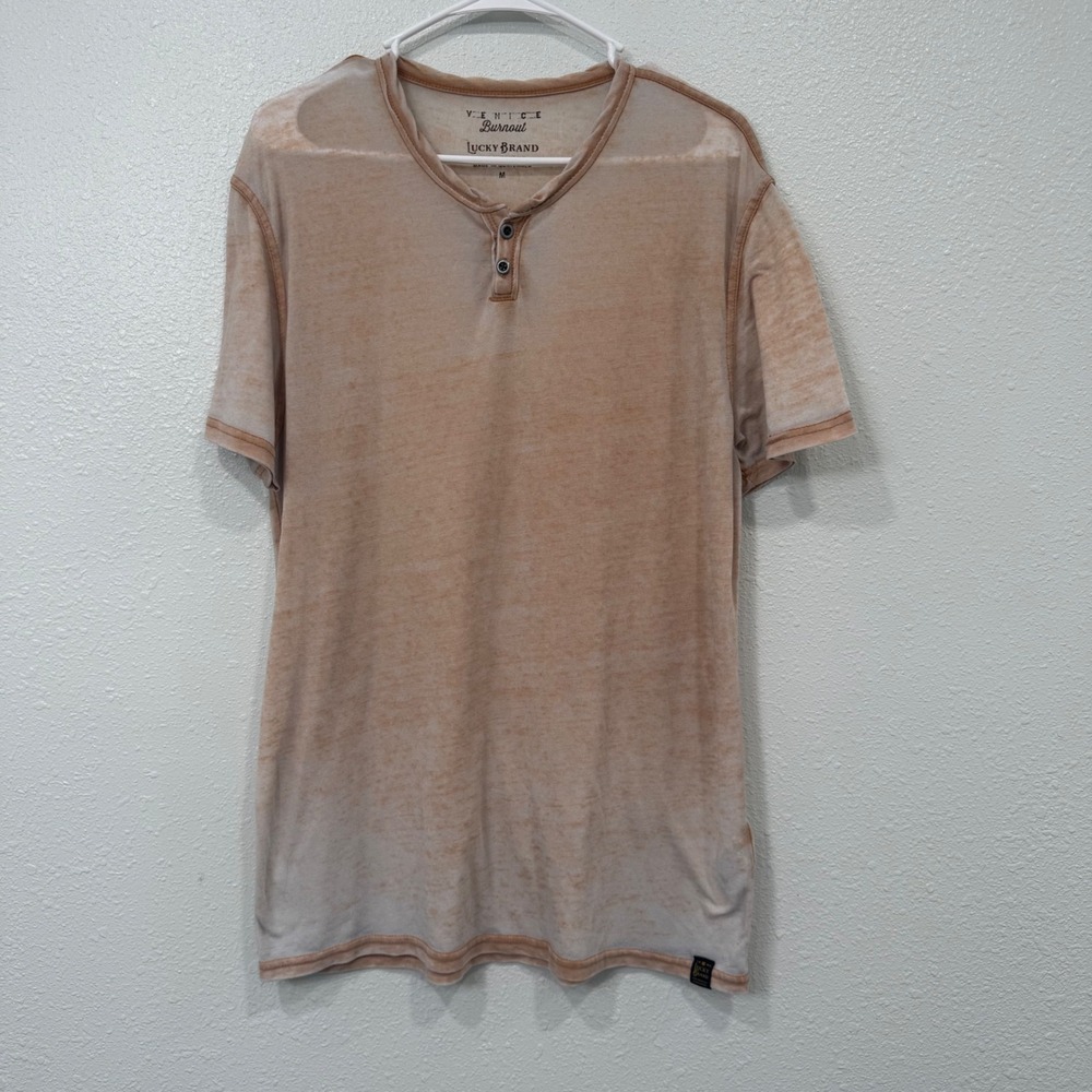 Lucky Brand Venice Burnout Henley Shirt Tan Acid Wash Short Sleeve Mens Medium